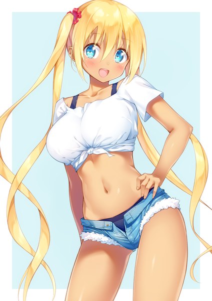 Anime picture 849x1200 with blend s a-1 pictures hinata kaho ichi makoto single long hair tall image blush fringe breasts open mouth blue eyes light erotic blonde hair simple background hair between eyes large breasts twintails :d hand on hip