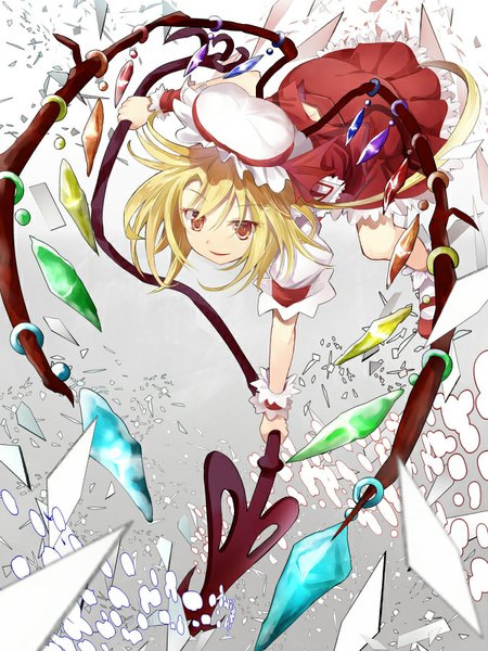 Anime picture 675x900 with touhou flandre scarlet efe single long hair tall image short hair blonde hair smile red eyes from above jumping asymmetrical hair girl weapon wings wrist cuffs bonnet crystal debris