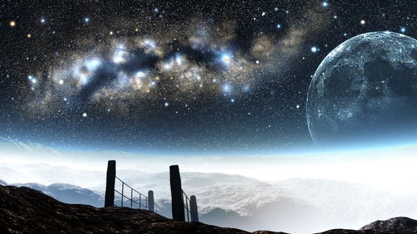 Anime picture 1850x1040 with original y-k highres wide image sky night night sky no people landscape scenic moon star (stars)