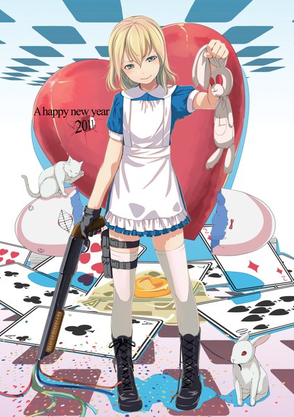 Anime picture 3301x4677 with alice in wonderland bishojo eshi 50-nin alice (wonderland) sody (artist) single tall image highres short hair blonde hair green eyes absurdres girl thighhighs dress weapon white thighhighs gun cat bunny card (cards)