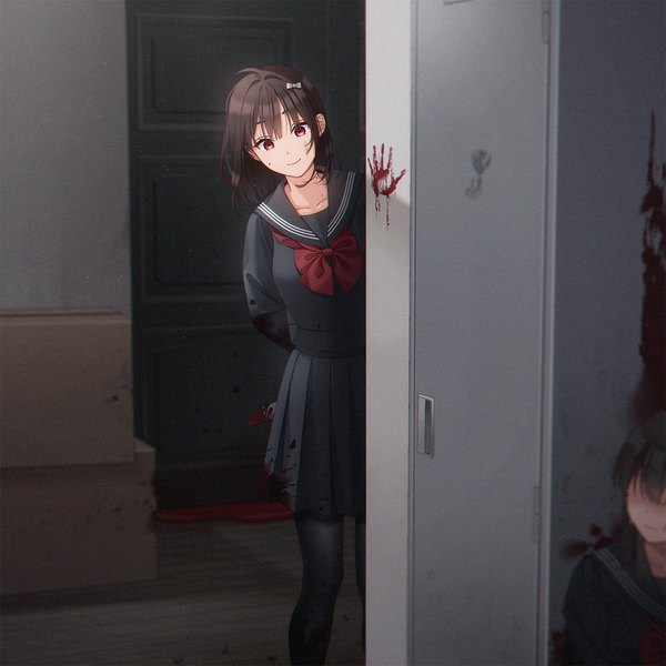 Anime picture 1230x1230 with original unjem looking at viewer fringe short hair black hair smile red eyes standing multiple girls indoors head tilt pleated skirt blurry solo focus hands behind back blood on face bloody clothes blood stains bloody weapon