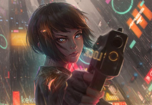 Anime picture 1306x900 with original guweiz single looking at viewer fringe short hair blue eyes black hair holding upper body lips outstretched arm city rain cityscape city lights cyberpunk girl gloves weapon