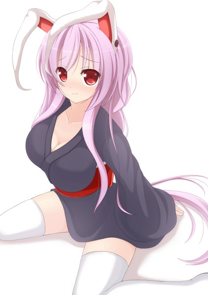 Anime picture 992x1403 with touhou reisen udongein inaba chimunge single long hair tall image looking at viewer blush simple background red eyes white background animal ears pink hair tail traditional clothes japanese clothes animal tail bunny ears bunny girl bunny tail