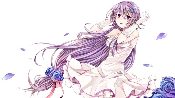 Anime picture 5143x2893 with utau toudou charo single long hair looking at viewer blush highres open mouth simple background wide image standing white background purple eyes absurdres purple hair hair flower wind girl dress gloves