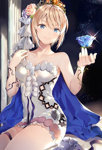 Anime picture 1071x1577 with granblue fantasy europa (granblue fantasy) hinahino single tall image looking at viewer blush fringe short hair breasts blue eyes blonde hair hair between eyes sitting bare shoulders payot light smile sparkle dutch angle thighs