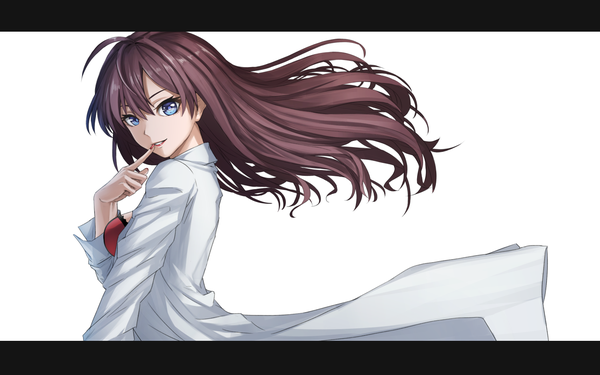 Anime picture 1440x900 with idolmaster idolmaster cinderella girls ichinose shiki sugi 214 single long hair looking at viewer blue eyes simple background white background purple hair finger to mouth girl labcoat