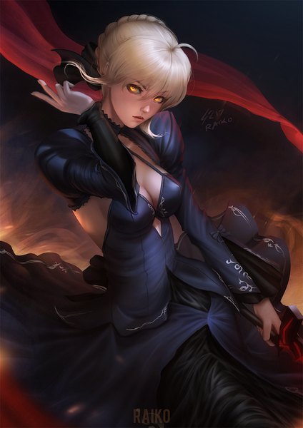 Anime picture 848x1200 with fate (series) fate/grand order fate/stay night artoria pendragon (all) saber alter raikoart single tall image looking at viewer fringe short hair blonde hair hair between eyes holding signed yellow eyes cleavage ahoge braid (braids) long sleeves