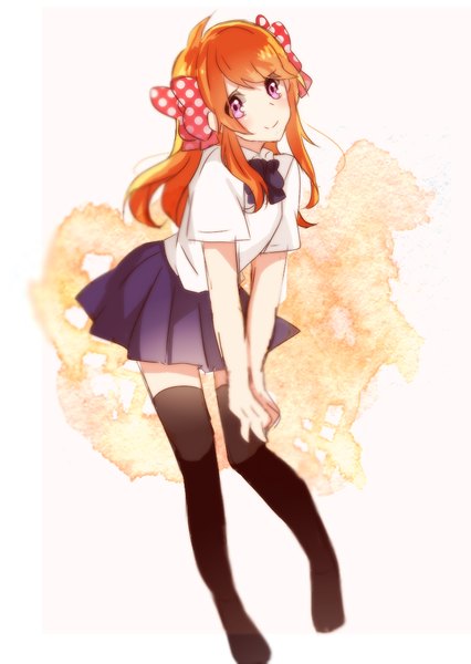 Anime picture 838x1181 with gekkan shoujo nozaki-kun doga kobo sakura chiyo yakumo (pixiv id6114370) single long hair tall image looking at viewer blush fringe smile standing white background purple eyes pleated skirt orange hair zettai ryouiki polka dot girl thighhighs