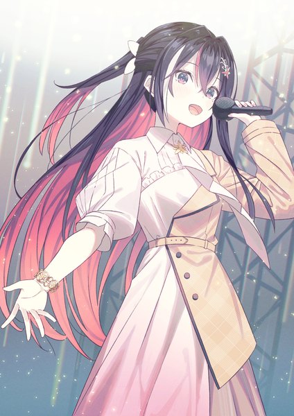 Anime picture 1414x2000 with virtual youtuber hololive azki (hololive) azki (4th costume) (hololive) koh rd single long hair tall image fringe open mouth black hair hair between eyes purple eyes looking away red hair :d multicolored hair two-tone hair official alternate costume colored inner hair