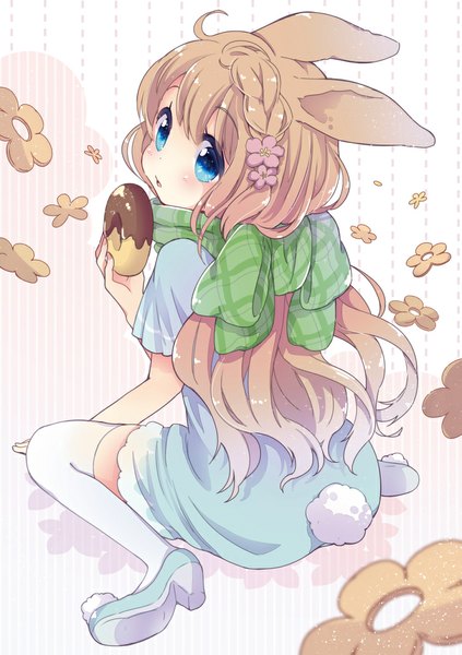 Anime picture 728x1032 with original rougetsu single long hair tall image blush blue eyes simple background blonde hair sitting holding animal ears tail animal tail looking back from behind bunny ears spread legs bunny tail girl