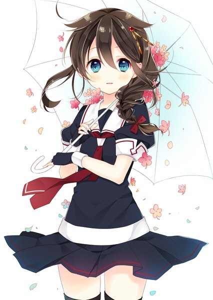 Anime picture 1005x1415 with kantai collection shigure destroyer naoto (tulip) single long hair tall image blush fringe blue eyes simple background brown hair standing white background holding braid (braids) parted lips pleated skirt single braid remodel (kantai collection) girl