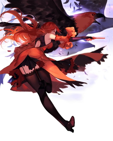 Anime picture 1000x1250 with original pixiv fantasia pixiv fantasia t joseph lee single long hair tall image red eyes white background looking away bent knee (knees) red hair high heels girl thighhighs dress gloves weapon black thighhighs detached sleeves
