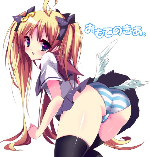 Anime picture 1335x1398 with greed packet unlimited nokia lyric (artist) tall image blush blue eyes light erotic blonde hair twintails ahoge ass looking back girl underwear panties wings striped panties