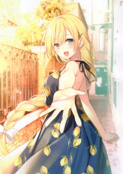 Anime picture 2426x3420 with original toosaka asagi single long hair tall image looking at viewer blush fringe highres breasts open mouth blue eyes blonde hair smile hair between eyes standing outdoors braid (braids) :d wind