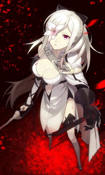 Anime picture 860x1431 with drakengard zero (drag-on dragoon) sanae (satansanae) single tall image looking away cleavage white hair ponytail very long hair pink eyes pale skin flower over eye girl dress flower (flowers) bow hair bow petals eyepatch