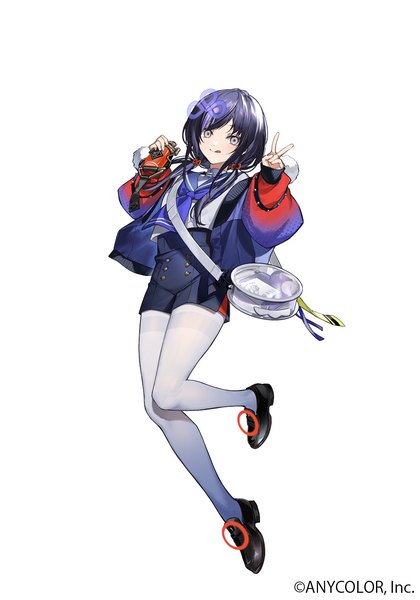 Anime picture 1050x1500 with virtual youtuber nijisanji ponto nei itefu single long hair tall image looking at viewer black hair simple background white background purple eyes twintails full body long sleeves official art low twintails sleeves past wrists victory sailor collar