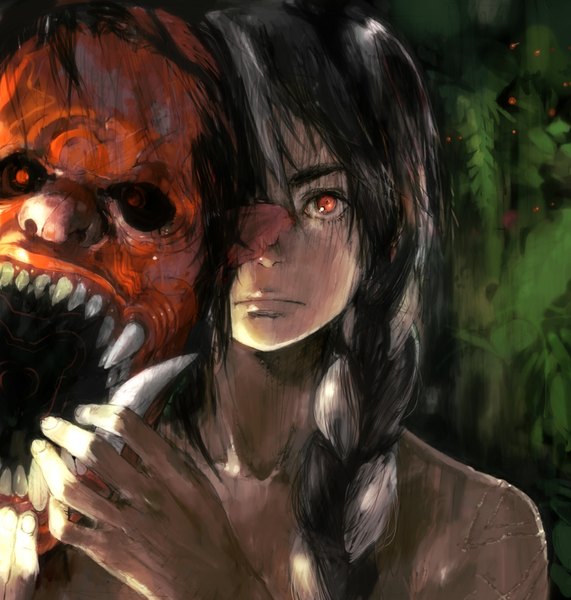 Anime picture 1034x1087 with humi (artist) long hair tall image black hair red eyes bare shoulders braid (braids) teeth fang (fangs) demon evil plant (plants) mask demon mask