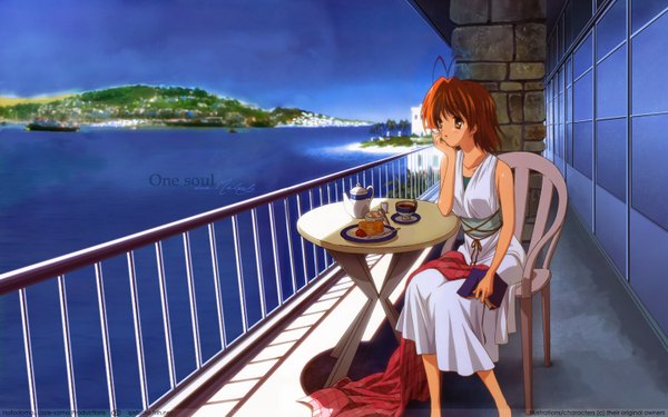 Anime picture 1440x900 with clannad key (studio) furukawa nagisa fringe short hair open mouth brown hair wide image sitting brown eyes looking away ahoge landscape chin rest girl dress food sweets sea book (books)