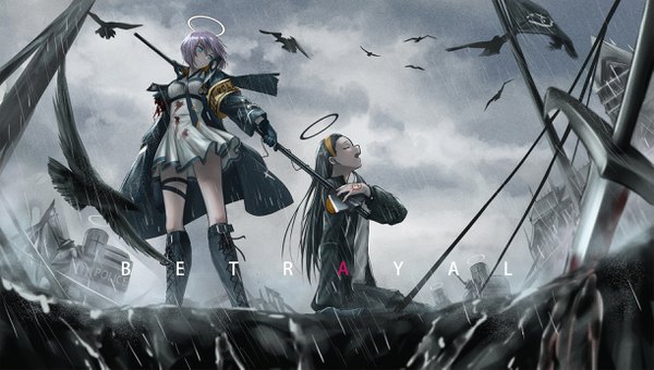 Anime picture 2442x1386 with original lu (pixiv20967832) long hair highres short hair open mouth blue eyes black hair wide image sitting multiple girls pink hair cloud (clouds) outdoors eyes closed inscription open jacket text rain english
