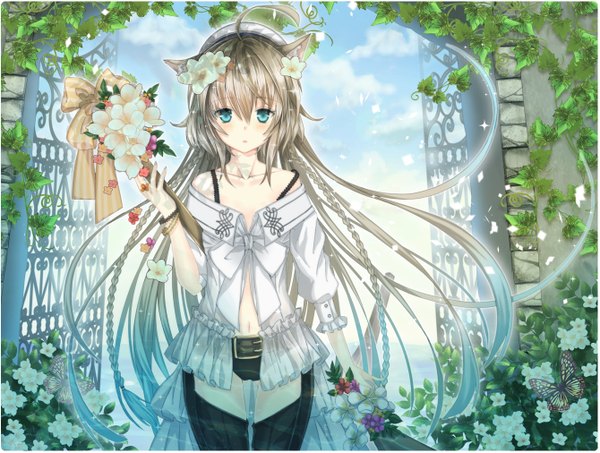 Anime picture 1339x1011 with original nozomi fuuten single long hair looking at viewer blush open mouth blue eyes light erotic brown hair bare shoulders animal ears sky cloud (clouds) braid (braids) hair flower cat ears gate girl navel
