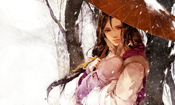 Anime picture 1191x714 with original ibuki satsuki long hair looking at viewer brown hair wide image brown eyes wind snowing winter snow bare tree traditional media girl ribbon (ribbons) plant (plants) hair ribbon tree (trees) umbrella oriental umbrella