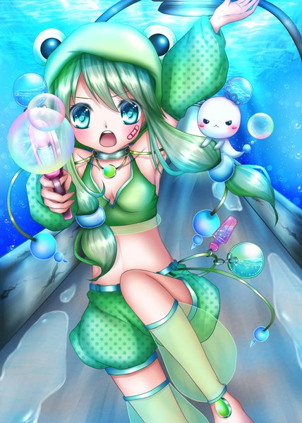 Anime picture 1582x2220 with original shitou single long hair tall image open mouth blue eyes green hair bandaid on face girl shorts pendant hood bubble (bubbles) bandaid