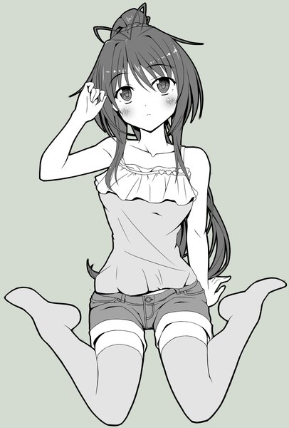 Anime picture 1612x2381 with moeki yuuta single long hair tall image looking at viewer blush bare shoulders ponytail monochrome girl thighhighs shorts