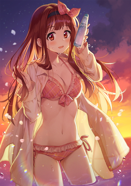 Anime picture 1208x1708 with idolmaster idolmaster million live! tanaka kotoha chobi (penguin paradise) single long hair tall image looking at viewer blush breasts open mouth light erotic red eyes brown hair large breasts standing holding sky cloud (clouds) :d