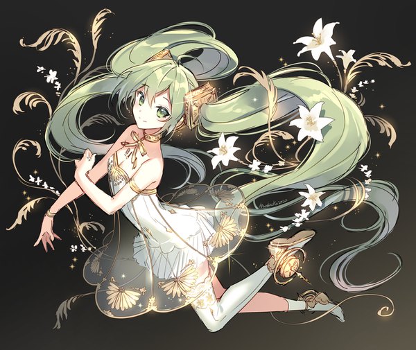 Anime picture 1400x1180 with vocaloid miku symphony (vocaloid) hatsune miku gramophone miku nardack single looking at viewer smile twintails bare shoulders green eyes cleavage full body ahoge very long hair green hair black background asymmetrical legwear girl dress