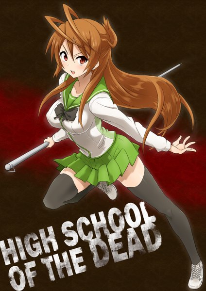 Anime picture 1000x1414 with highschool of the dead madhouse miyamoto rei shuuhei (artist) single long hair tall image open mouth red eyes brown hair zettai ryouiki girl thighhighs skirt uniform black thighhighs school uniform miniskirt