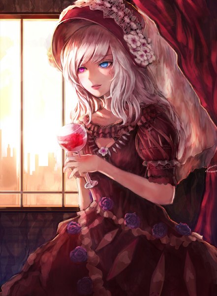 Anime picture 813x1106 with original jname single long hair tall image looking at viewer white hair heterochromia girl dress flower (flowers) bonnet wine glass