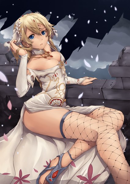 Anime picture 1416x2000 with lord of vermilion kuroboshi roki single long hair tall image fringe breasts blue eyes light erotic blonde hair hair between eyes bare shoulders sky cloud (clouds) bent knee (knees) parted lips adjusting hair girl thighhighs dress
