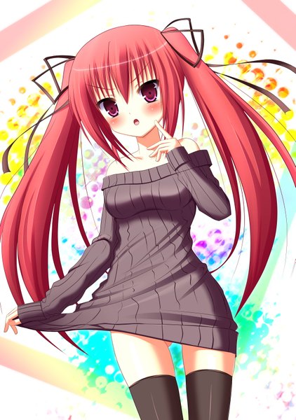 Anime picture 2425x3445 with nyarumi single long hair tall image blush highres twintails bare shoulders red hair pink eyes girl thighhighs ribbon (ribbons) black thighhighs