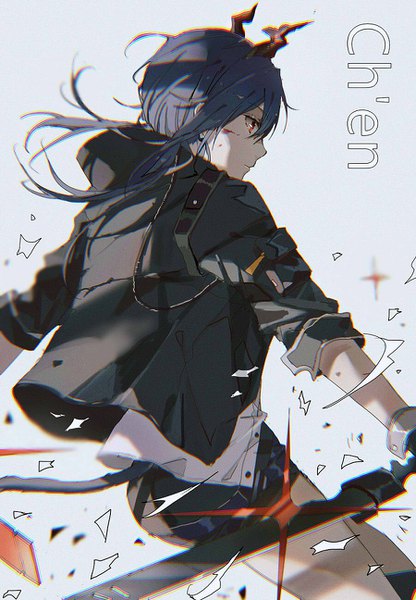 Anime picture 900x1296 with arknights ch'en (arknights) lococo:p single long hair tall image fringe simple background red eyes blue hair looking away profile horn (horns) open jacket character names shaded face girl weapon sword jacket