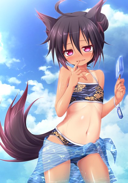 Anime picture 1580x2253 with original mizunoe kotaru single tall image blush fringe short hair light erotic black hair holding animal ears sky cloud (clouds) ahoge tail parted lips animal tail pink eyes midriff hair bun (hair buns)