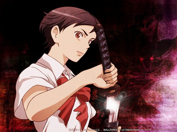 Anime picture 1024x768 with blood+ production i.g otonashi saya short hair black hair red eyes girl uniform weapon school uniform shirt sword bowtie katana monster