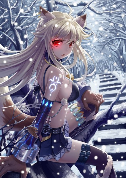 Anime picture 2480x3507 with original ling si single long hair tall image looking at viewer fringe highres breasts open mouth light erotic blonde hair red eyes animal ears ahoge tail animal tail looking back fang (fangs) tattoo