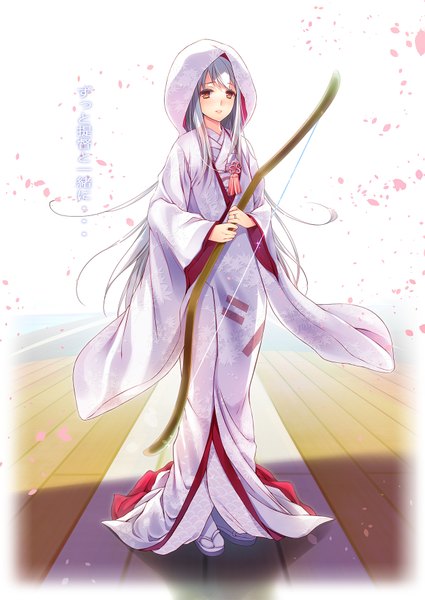 Anime picture 1254x1771 with kantai collection shoukaku aircraft carrier cocoa (cafe-hotcocoa) single long hair tall image looking at viewer blush brown eyes white hair traditional clothes japanese clothes girl weapon petals kimono hood bow (weapon)