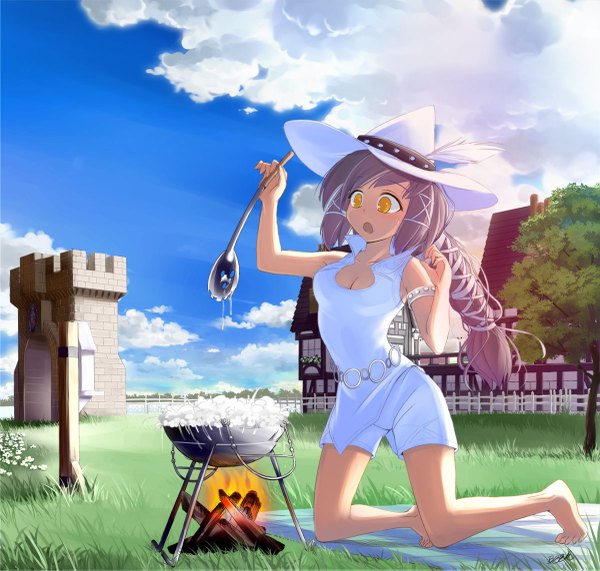 Anime picture 1200x1143 with beek (artist) single long hair brown hair yellow eyes sky cleavage cloud (clouds) barefoot kneeling cooking girl ribbon (ribbons) hat fire spoon