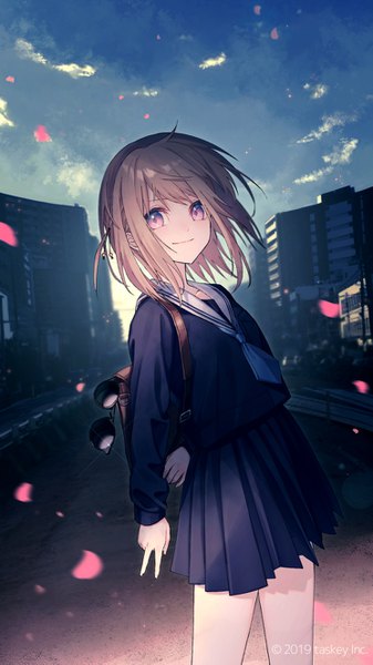 Anime picture 745x1325 with original haizome senri single tall image looking at viewer blush fringe short hair smile brown hair standing sky cloud (clouds) outdoors long sleeves pleated skirt pink eyes blurry sparkle cherry blossoms