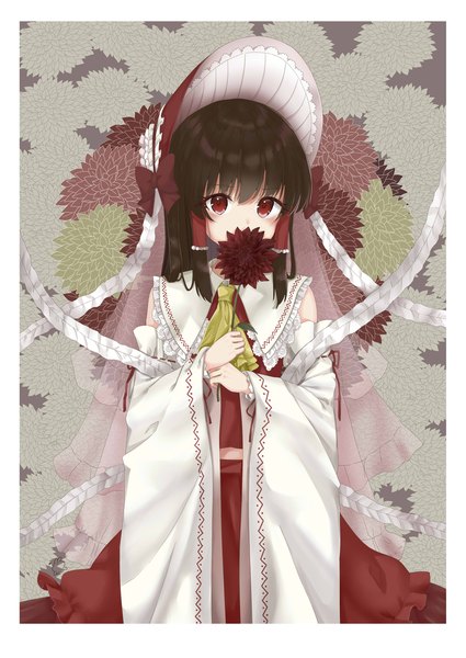 Anime picture 2507x3541 with touhou hakurei reimu sei ichi (shiratamamikan) single long hair tall image looking at viewer highres red eyes brown hair signed wide sleeves border covered mouth lolita fashion wa lolita girl flower (flowers) hat detached sleeves