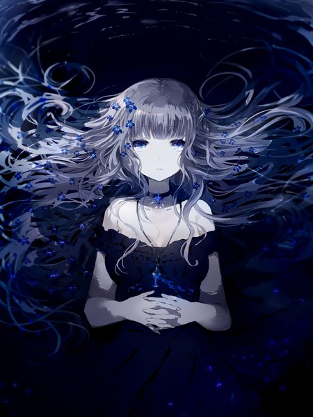 Anime picture 1500x2000 with original tlla (artist) single long hair tall image looking at viewer fringe blue eyes bare shoulders blunt bangs hair flower grey hair partially submerged floating hair hands clasped ophelia's pose girl dress flower (flowers) choker