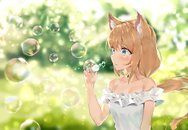 Anime picture 3468x2407 with original refile single long hair blush highres blue eyes blonde hair bare shoulders animal ears looking away absurdres upper body outdoors cat ears :o cat girl depth of field low ponytail bubble blowing