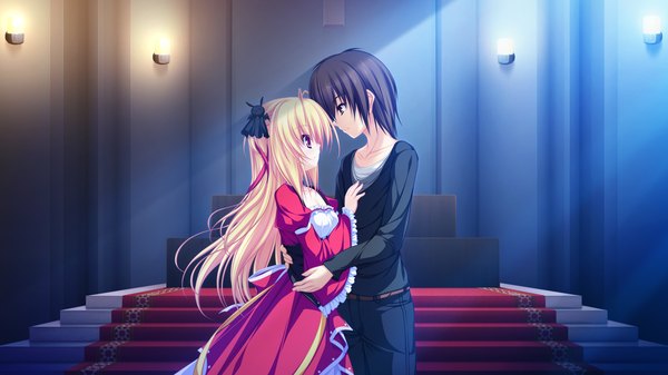 Anime picture 1920x1080 with lunaris filia sylvia luna infinitus mikagami mamizu long hair highres short hair black hair blonde hair red eyes wide image game cg couple girl dress boy