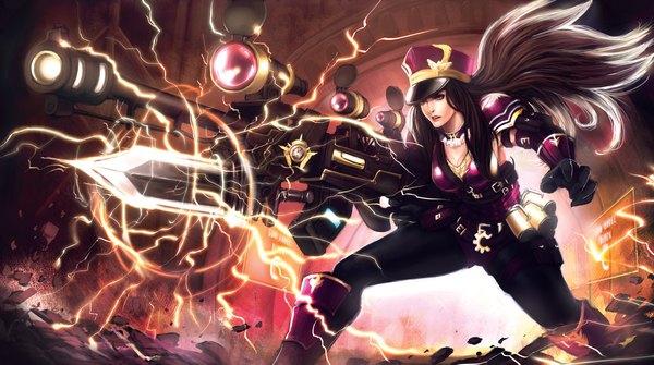 Anime picture 2392x1339 with league of legends caitlyn (league of legends) edward montenegro single long hair highres black hair wide image pink eyes fighting stance girl gloves uniform boots gun
