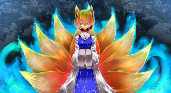 Anime picture 3600x1950 with touhou yakumo ran s-udongein-i single highres short hair blonde hair wide image animal ears yellow eyes absurdres long sleeves animal tail multicolored hair fox ears gradient hair multiple tails hands in sleeves aura girl