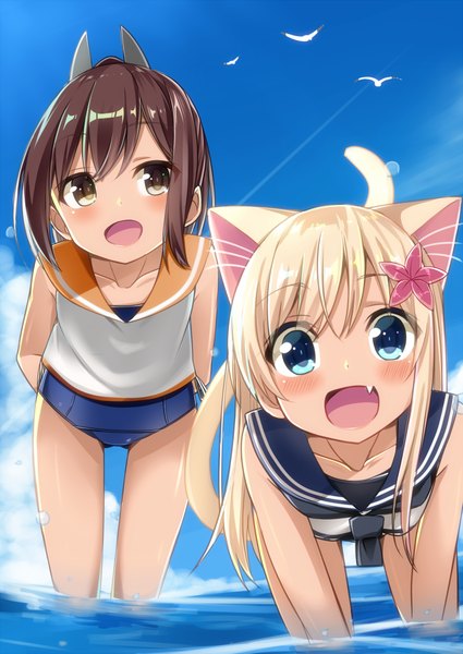 Anime picture 1253x1770 with kantai collection ro-500 submarine i-401 aircraft carrying submarine cacao (chocolat) long hair tall image looking at viewer blush fringe short hair open mouth blue eyes blonde hair smile hair between eyes brown hair multiple girls brown eyes animal ears looking away
