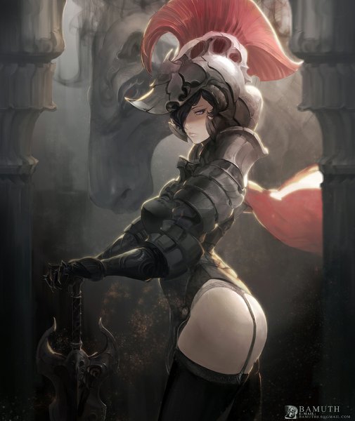 Anime picture 842x1000 with original bamuth single tall image looking at viewer short hair light erotic black hair standing purple eyes sunlight girl thighhighs weapon black thighhighs sword armor cloak helmet huge weapon