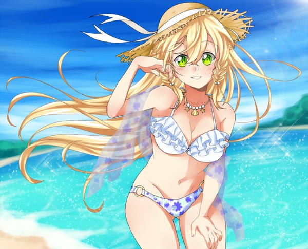 Anime picture 1500x1216 with sword art online a-1 pictures leafa hatori kumiko single long hair looking at viewer blush fringe light erotic blonde hair smile hair between eyes bare shoulders green eyes sky cloud (clouds) outdoors braid (braids) arm up