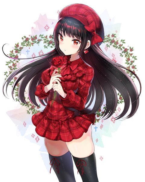 Anime picture 1055x1316 with original hayama eishi single long hair tall image looking at viewer blush fringe breasts black hair simple background red eyes large breasts white background holding payot blunt bangs nail polish pleated skirt fingernails